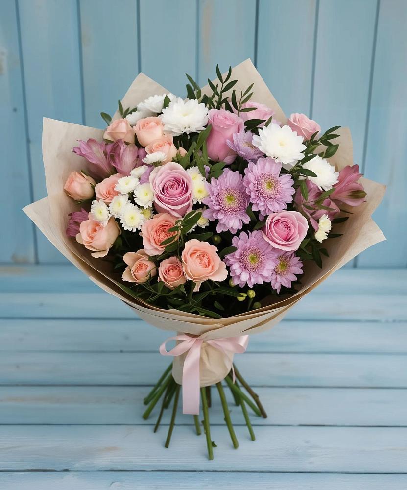 Букет цветов из: Хризантемы, Розы и Альстромерии в Мензелинске