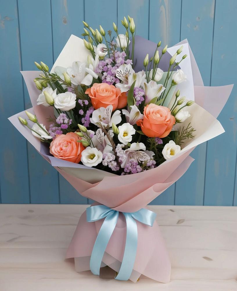 Букет цветов из: Лизиантусы, Розы, Альстромерии и Гипсофила в Мензелинске