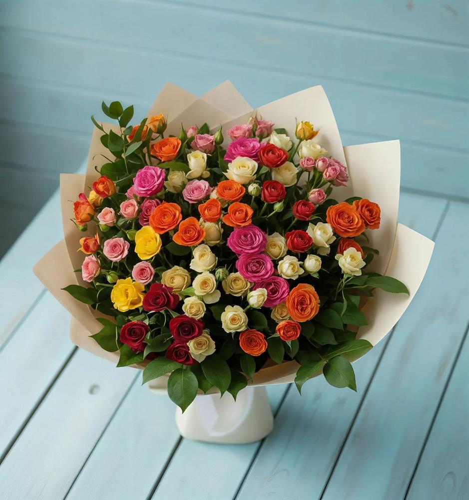 Букет Микс из разноцветных кустовых роз в Мензелинске