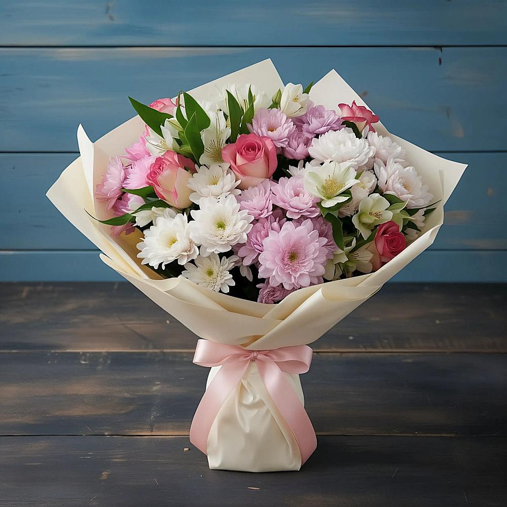 Букет цветов из: Хризантемы, Альстромерии и Розы в Мензелинске